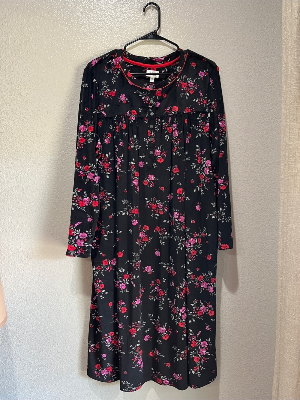 Aria Black Long Sleeve Dress Pink & Red Floral Print Sz XL Comfy Feminine